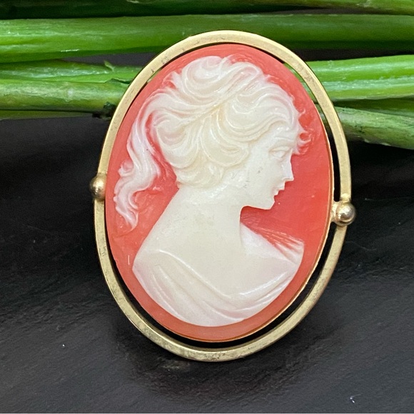 Vintage Unsigned Coral Victorian Cameo Gold-tone Brooch - Picture 1 of 11